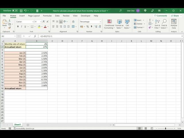 How to calculate annualized returns from monthly returns in Excel