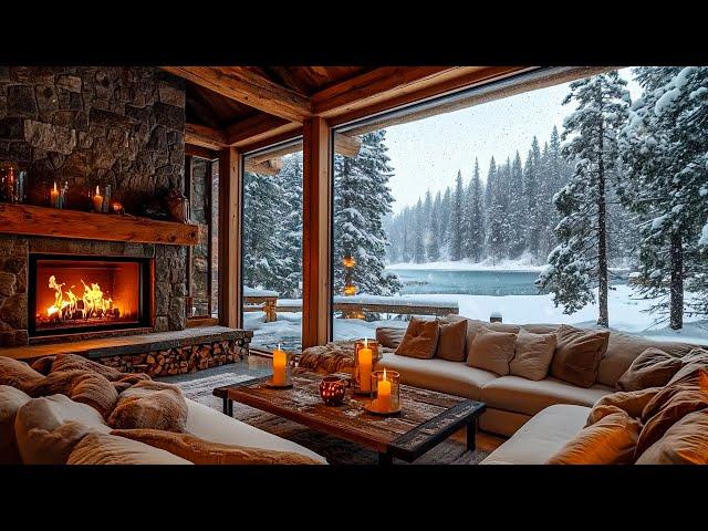 Soothing Piano Music in A Cozy Living Room Space ️ Snowy Scene and Fireplace Sound for Relaxation