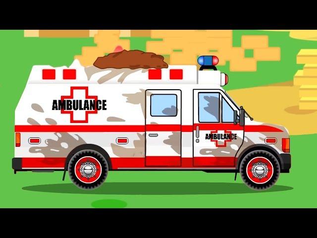 White Ambulance Car Rescue in the City w Tow Truck - Animation Cars & Trucks Cartoon for children