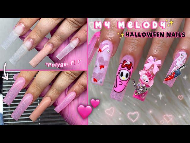 MY MELODY HALLOWEEN POLYGEL NAILS HALLOWEEN NAIL ART DESIGN & CREEPY REDDIT STORIES | Nail Tutorial