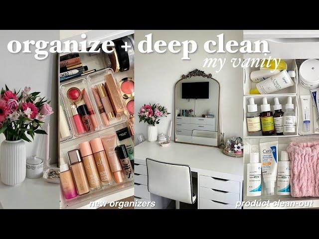 VANITY ORGANIZATION AND DEEP CLEAN🫧 skincare & makeup storage, new organizers, & beauty cart