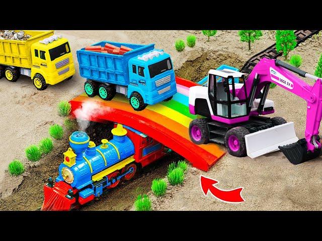 Car toy JCB - Tractor, excavator, crane, mixer truck making a mini concrete bridge for train for kid