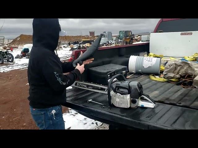 Farmertec G660 Pro Chainsaw in the wood with stock dual port muffler then with added pipe.