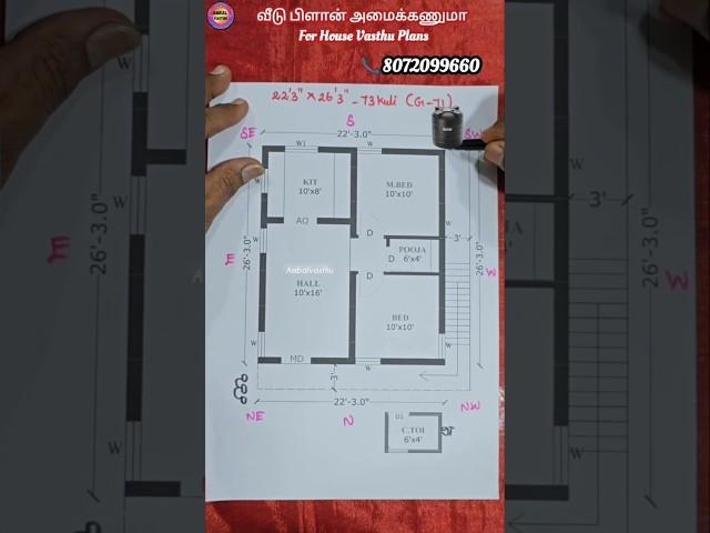 22'3"×26'3" north facing House plan #ambalvasthu #73kuli #garudamanai #buildingage71years #2bhk #tip