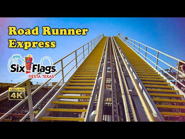 2022 Road Runner Express Roller Coaster On Ride Front Seat 4K POV Six Flags Fiesta Texas