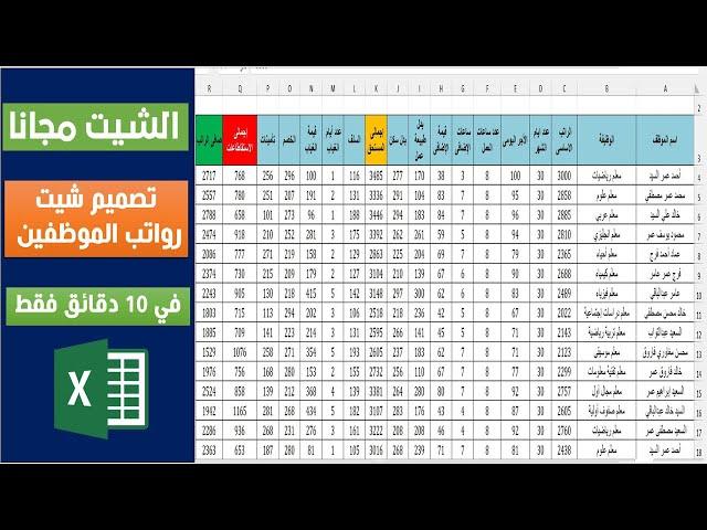 الشيت مجاناً - تصميم شيت رواتب الموظفين والعمال كاملاً بكافة المعادلات المطلوبة  في 10 دقائق فقط