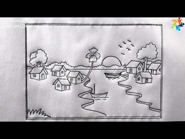 How to draw Village River scenery || drawing with pencil