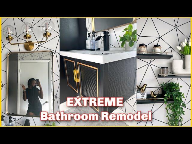 DIY MOODY Bathroom Remodel | PEEL AND STICK FLOORS , WALLPAPER + BLACK CEILING