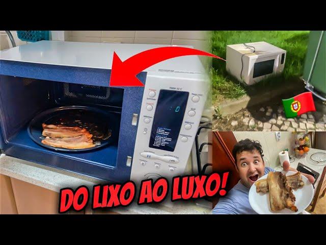 LIMPEI O SUPER MICROONDAS FORNO QUE ACHEI NO LIXO EM PORTUGAL! E FIZ CARNE NELE