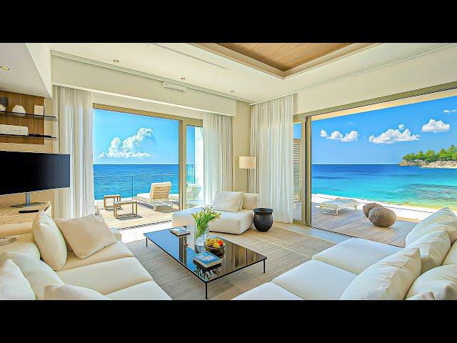 Sweet Jazz Harmony & Positive Ocean Waves Sounds - Smooth Jazz In A Luxurious Beachside Living Room