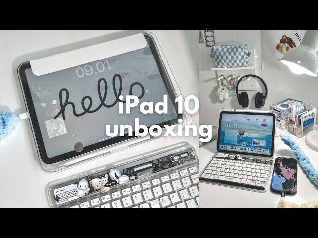 iPad 10 (silver) + accessories aesthetic unboxing  iPadOS 17 homescreen setup, cute keyboard 