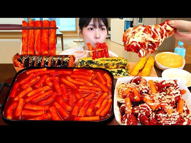 ASMR MUKBANG| Spicy Tteokbokki, Seasoned Chicken, Shinjeon Cheese Kimbap, Fire Noodles Seaweed Rolls