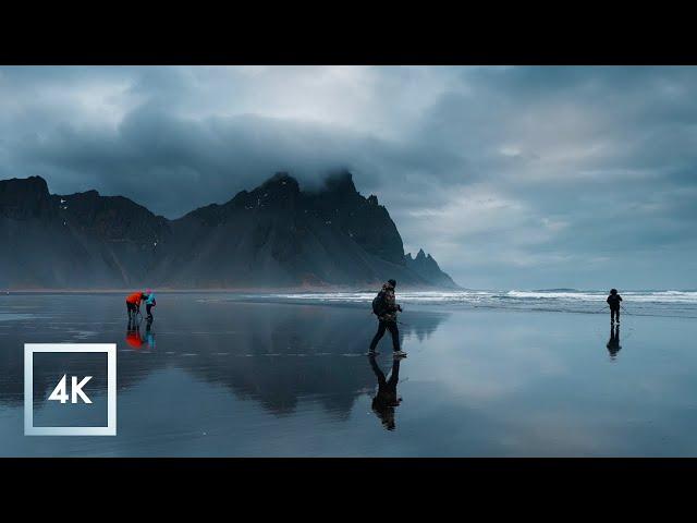 Cold Windy Walk Stokksnes Black Sand Beach, Iceland, 4K Wind and Ocean Sounds