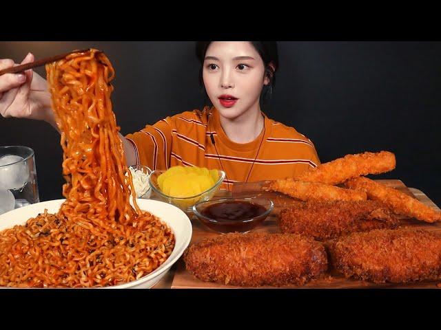 SUB)Cheese Roll Cutlet, Buldak Noodles and Deep-fried Shrimp Mukbang ASMR Korean Eating Sound