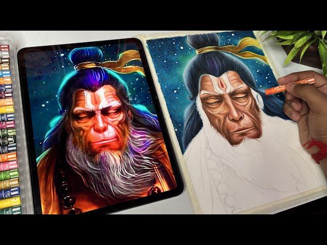 Hanuman Drawing,  Oil pastel Drawing,  Step by step