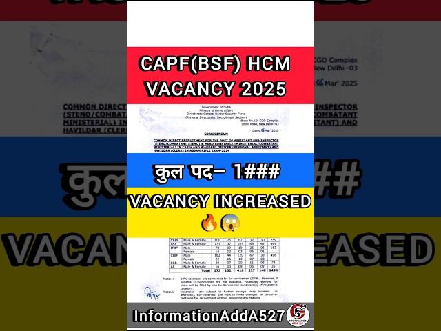 CAPF HCM Vacancy 2025 | CAPF new vacancy 2025 | BSF new vacancy 2025 #shorts #capf #bsf #bsfhcm
