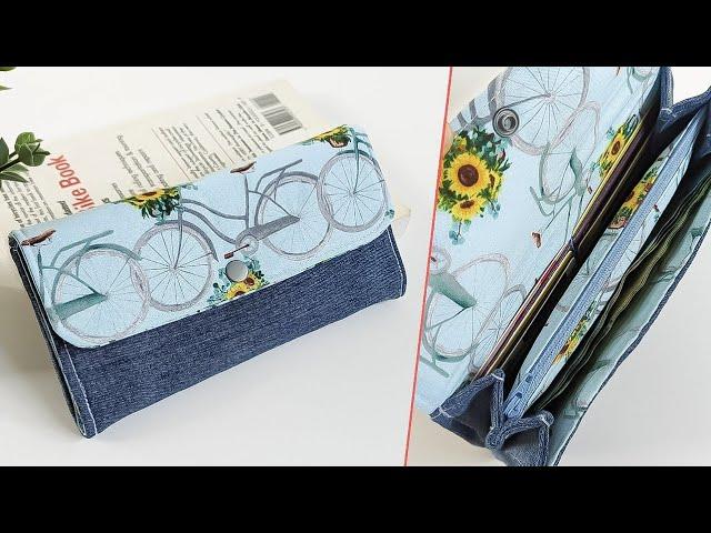 DIY Long Denim and Printed Fabric Accordion Wallet | Old Jeans Idea | Wallet Tutorial | #upcycle
