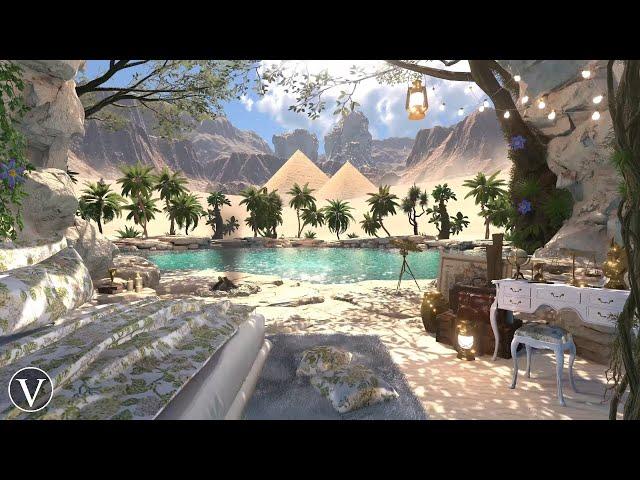 Desert Oasis Cave | Day & Sunset Ambience | Campfire, Wind, Water & Nature Sounds