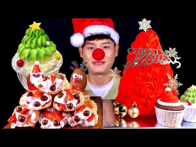 ASMR 크리스마스 장미케이크산타할아버지&루돌프 산타트리 컵케이크 먹방! Christmas Dessert Rose Cake Strawberry Choco Crepe MuKBang