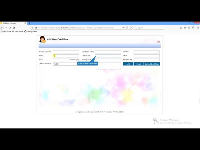 How to add candidate in library management system using Smart School MIS