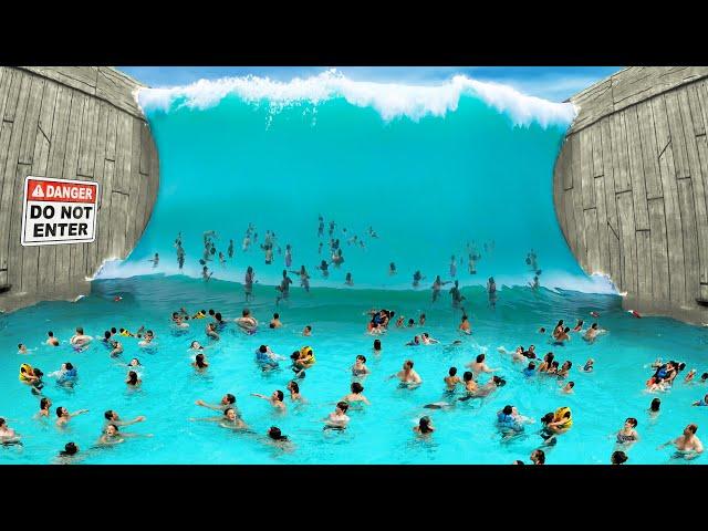 wave pool BREAKS and causes massive wave...