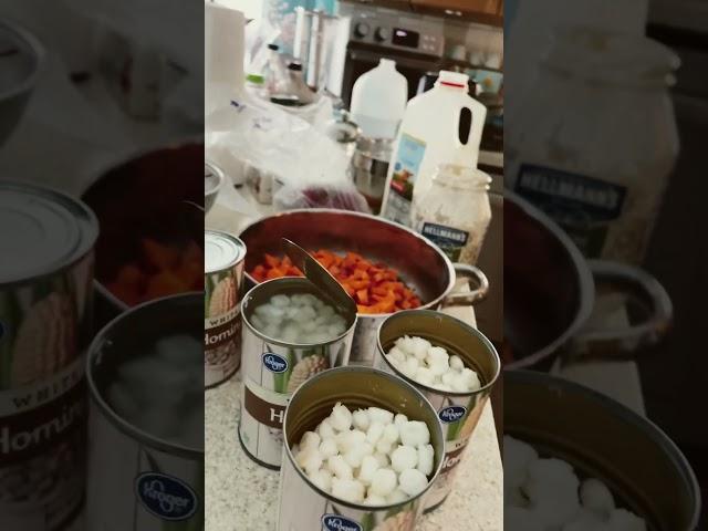 The steam coming out of the pressure cooker so I can add the carrots, hominy, and roasted jalapeños!