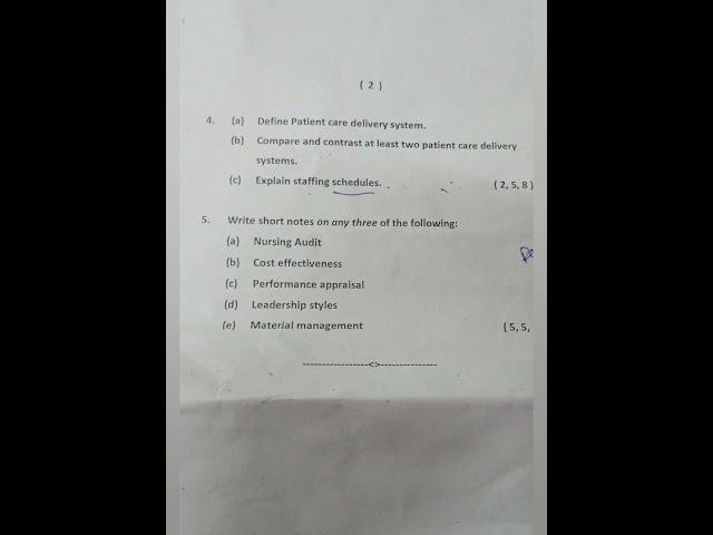 Nursing administration post bsc nursing 2nd year previous question paper