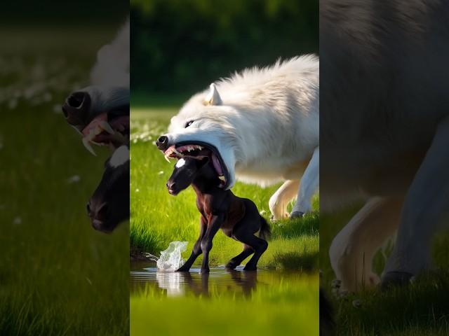 Snow wolf catch a baby foal, mother save him #motherslove #foal #snowwolfff #horse #animalfeeling