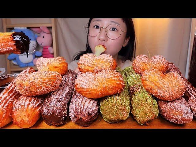 SUB) Chewy churros like glutinous rice donut Eating Show. Dessert Mukbang