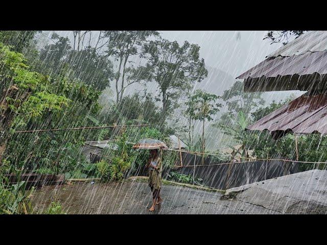 Heavy rain hits hilly villages 3 hours, walking in the heavy rain, rain thunder sounds for sleeping