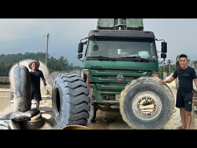 daily repair work 100km to change tires on howo dump truck and giant wheel loader