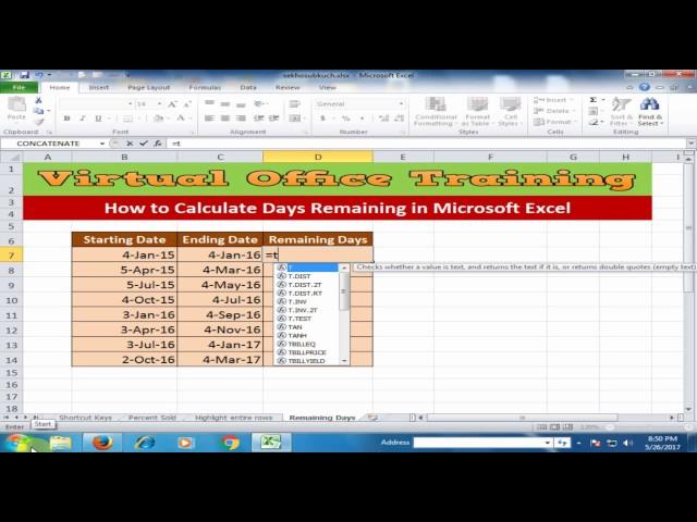 How to Calculate Days Remaining in Microsoft Excel : Excel Tips and Tricks