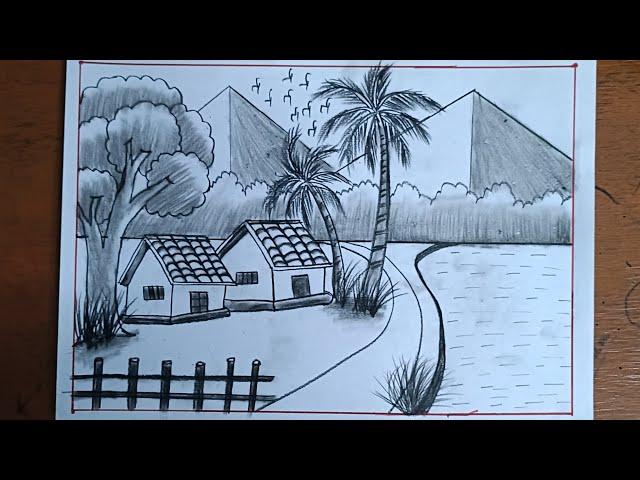 Village scenery drawing with pencil shading easy/How to draw scenery with pencil step by step