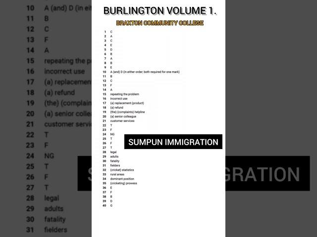 BURLINGTON VOLUME 1. Test-1 Braxton community college reading answers || SUMPUN IMMIGRATION