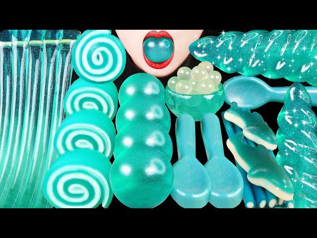 ASMR TEAL DESSERTS: JELLO PINWHEELS, POPPING BOBA, UNICORN HORN JELLY NOOLDES, EDIBLE SPOONS, GUMMY