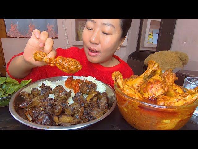 Fried Chicken Liver And Gizzard || Spicy Chicken thigh Curry || Boiled Passion Fruit leaves Mukbang