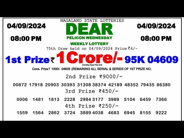  Evening 08:00 P.M. Dear Nagaland State Live Lottery Result Today ll Date-04/09/2024 ll