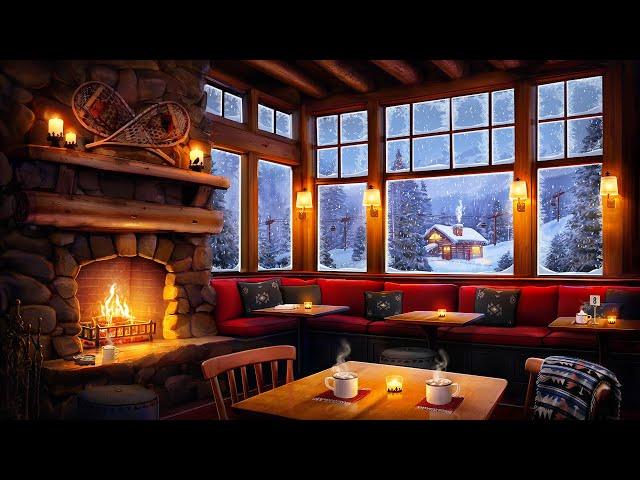 Cozy Ski Lodge Cafe: Warm Winter Jazz Playlist, Crackling Fire, & Coffee Shop Ambience