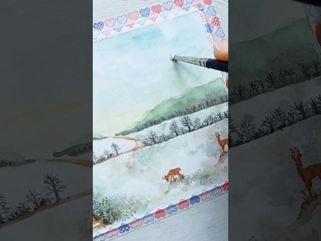 Pintura en acuarela de un paisaje de invierno