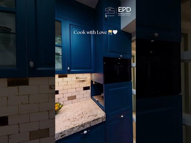 Designer Kitchen with Blue Cabinets & Granite Countertop | EPD Consultants #interiordesign