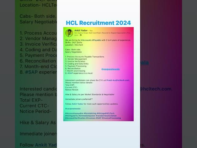 HCL Recruitment 2024 | Accounts Payable Jobs | @corporatewala | Ankit Yadav