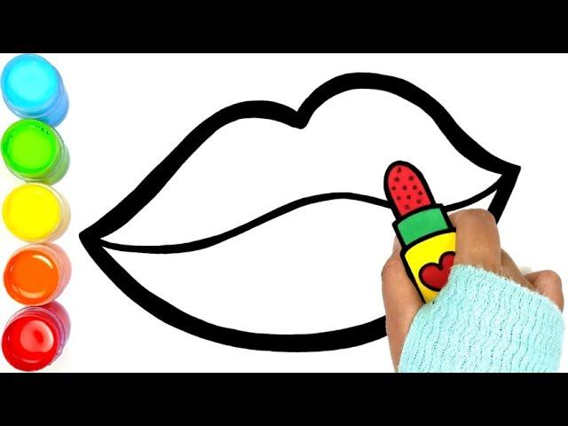 Glitter Toy Lips With Lipstick, Rainbow Dress, Make Up Drawing And Coloring Page For Kids