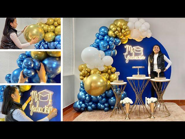 Como hacer un Arco de Globos e instalarlo en un Panel Circular Azul -  Decoración Graduación 