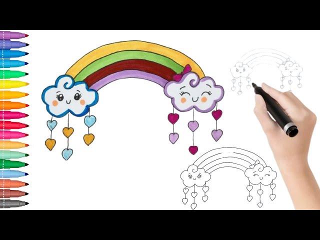 rainbow & cloud drawing ,painting and coloring for kids . HOW TO DRAW RAINBOW AND CLOUDS FOR KIDS.