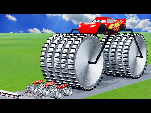 Big & Small McQueen Double Monster Saw Wheels VS Trains | BeamNG.drive