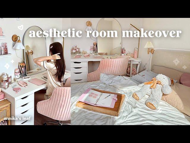 EXTREME bedroom transformation aesthetic room makeover, vanity desk setup, cozy pinterest inspired