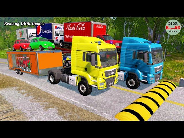 Double Flatbed Trailer Truck cars vs rails tractor vs train cars vs bollards Beamng Drive 314