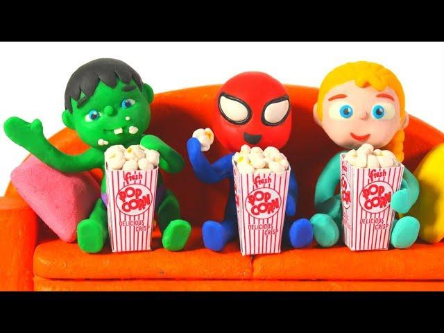 SUPERHERO BABIES ENJOY WATCHING A MOVIE   Spiderman, Hulk & Frozen Elsa PlayDoh Cartoons For Kids