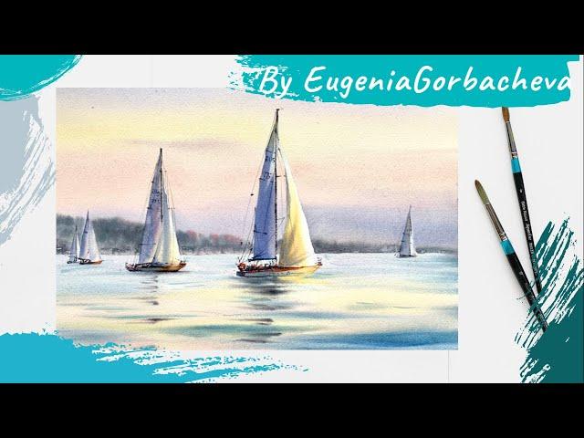 Paint a watercolor seascape | Painting "Pink Sailboats" | Speed Up Demo