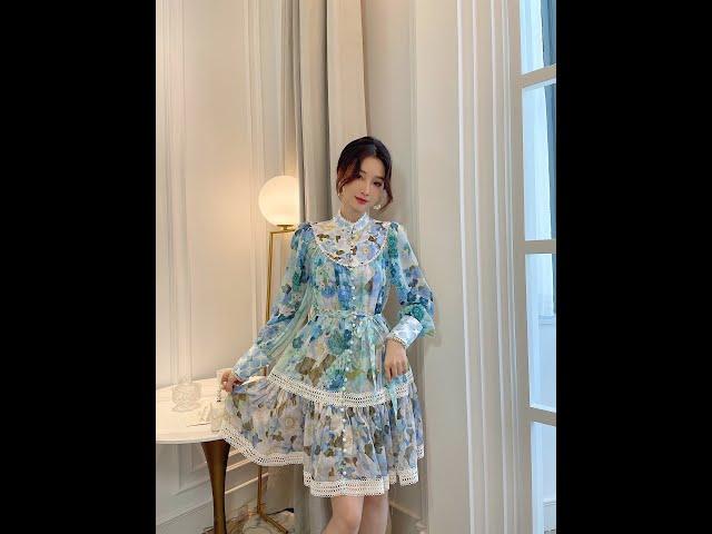 Elegant Temperament Round Stand Collar Long Sleeves Paint Dye Printed High Waist Princess Dress